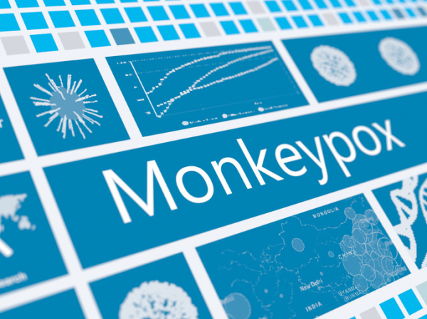 Blue background with the word "Monkeypox" and charted digitized graphics showing cells, countries on a world map, DNA strands, and graphs